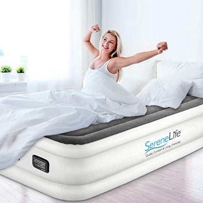 Serene Life Built In ComfortCoil Technology & Internal High Capacity Pump | Elevated Raised Air Mattress Quilt Top 1-Year Guarantee Twin Size, Gray