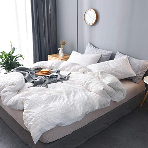  3 Pieces Textured Duvet Cover White Set With Zipper Closure,100% Washed Microfiber Seersucker Fabric,Luxury Hotel Quality Bedding-King Size(1 Duvet Cover 2 Pillowcases)