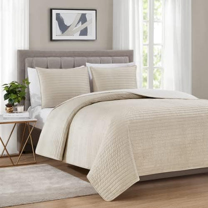  BOURINA Velvet Sherpa Blanket Quilt, Super Plush Quilt 3-Piece Bedding Large Double-Sided Plush Comfort Softest Quilt Sets, Queen 90×94" Light Grey