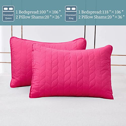  HIG 3 Piece Minimal Style Oversized Bedspread Set Queen, Hot Pink Reversible Stitch Quilted Coverlet Set With Leaf Pattern, Feminine Solid Quilt Set For Bedroom, Microfiber, 100" X 106" (Milano)