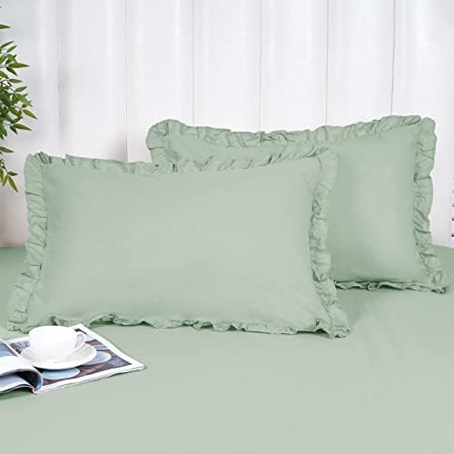  PHF 100% Washed Cotton Ruffle Pillowcases Standard Size, 2 Pack 20" X 26" Pillow Shams, No Insert, Ultra Soft Cotton Linen Like Pillow Cases,Decorative Farmhouse Bedding Pillow Covers, Linen