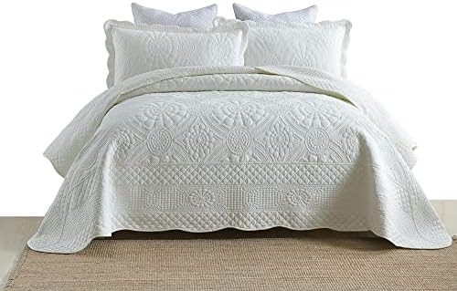  MarCielo 3-Piece 100% Cotton Oversized Bedspread Set Coverlet Set Lightweight Quilt Set Embroidery Farmhouse Bedding Set (Natural Beige, King (118"x106"))