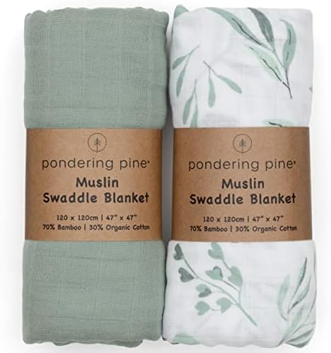  Organic Baby Muslin Swaddle Blankets For Boy Or Girl - Eucalyptus Leaves And Sage Swaddle Blanket 2 Pack - Soft Organic Cotton And Natural Bamboo Muslin, XLarge And Breathable, Boho Baby, 47" X 47"