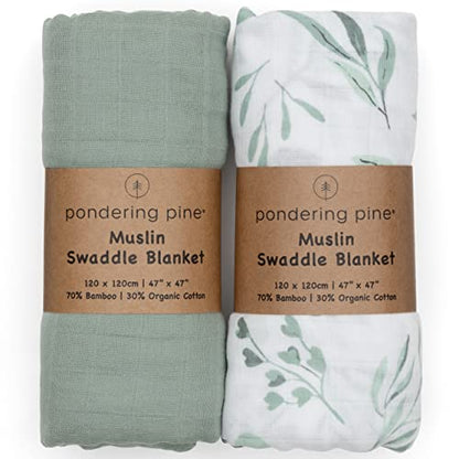 Organic Baby Muslin Swaddle Blankets For Boy Or Girl - Eucalyptus Leaves And Sage Swaddle Blanket 2 Pack - Soft Organic Cotton And Natural Bamboo Muslin, XLarge And Breathable, Boho Baby, 47" X 47"