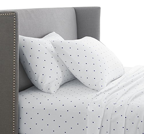  Amazon Brand – Pinzon 170-Gram Flannel Cotton Bed Sheet Set, Queen, Navy Dot