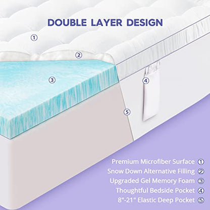  ABENE 4 Inch Dual Layer Memory Foam Mattress Topper Queen, 2 Inch Cooling Gel Memory Foam Plus 2 Inch Down Alternative Pillowtop Mattress Pad With Bedside Pocket