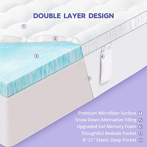  ABENE 4 Inch Dual Layer Memory Foam Mattress Topper Queen, 2 Inch Cooling Gel Memory Foam Plus 2 Inch Down Alternative Pillowtop Mattress Pad With Bedside Pocket