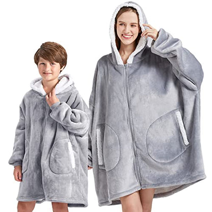  FAYBOX Wearable Blanket Hoodie With Zip For Kids,Fuzzy Warm Sherpa Comfy Oversized Hoodie Blanket Plush Sweatshirt-Light Grey