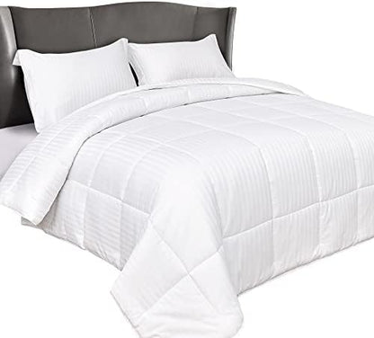  Elegant Comfort Premium Hotel Quality 1200 Thread Count 100% Egyptian Cotton, 3-Piece Stripe Down Alternative Cotton Comforter Set - Box Stitched - Duvet Insert With 4 Corner Tabs, Full, White