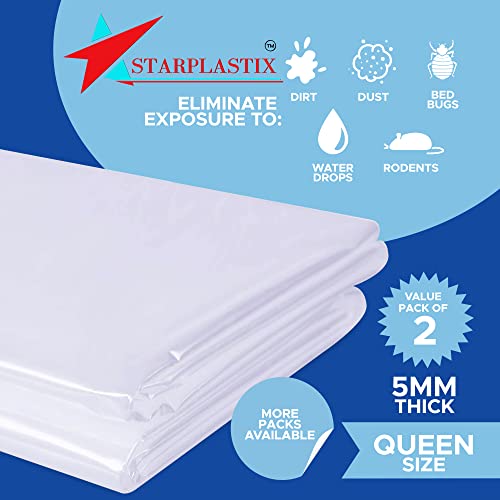  Mattress Bags For Moving Queen Size - Heavy Duty Mattress Storage Bag [2-Pack] 5 Mil Thick Plastic Waterproof Mattress Covers For Moving And Storage With Adhesive Strips For Mattresses