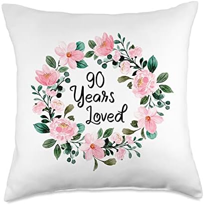  Mom Grandma 90th Birthday Gift Apparel Loved Men Women 90 Years Old Floral 90th Birthday Throw Pillow, 16x16, Multicolor