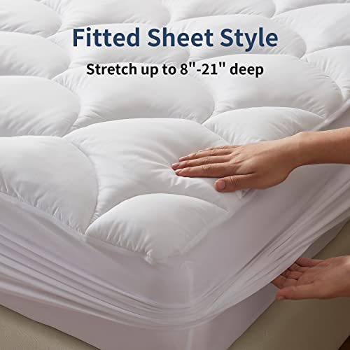  King Size Mattress Pad,Soft Quilted Fitted Mattress Pad Cover, Plush Soft Pillowtop Mattress Topper With Elastic Overfilled Down Alternative Filling(8-21”Deep Pocket)