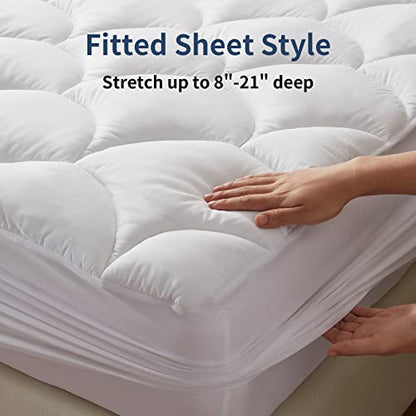  King Size Mattress Pad,Soft Quilted Fitted Mattress Pad Cover, Plush Soft Pillowtop Mattress Topper With Elastic Overfilled Down Alternative Filling(8-21”Deep Pocket)