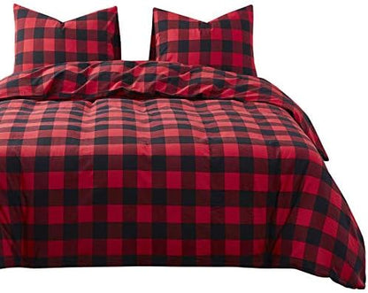  Wake In Cloud - Red Black Plaid Duvet Cover Set, 100% Washed Cotton Bedding, Buffalo Check Gingham Plaid Geometric Checker Pattern, With Zipper Closure (3pcs, Queen Size)