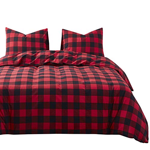  Wake In Cloud - Red Black Plaid Duvet Cover Set, 100% Washed Cotton Bedding, Buffalo Check Gingham Plaid Geometric Checker Pattern, With Zipper Closure (3pcs, Queen Size)