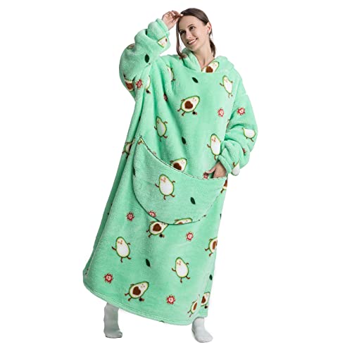  Versized Blanket Hoodie Lengthened Wearable Hooded Blanket Long For Adult Men Women Super Soft Comfortable Warm Flannel Sherpa With Pocket And Sleeves Avocado