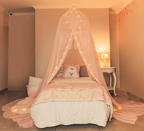  Bed Canopy With Lights - Bed Canopy For Girls, Girls Room Decor With Hanging Lights And E-Book, Pink Decor, Mosquito Net, Bed Tent, Play Tent, Bed Room Decoration Ideas, Princess Bed