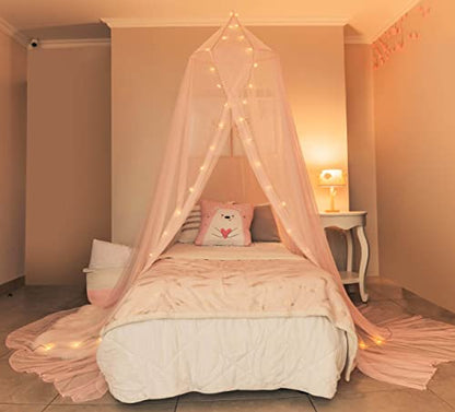  Bed Canopy With Lights - Bed Canopy For Girls, Girls Room Decor With Hanging Lights And E-Book, Pink Decor, Mosquito Net, Bed Tent, Play Tent, Bed Room Decoration Ideas, Princess Bed