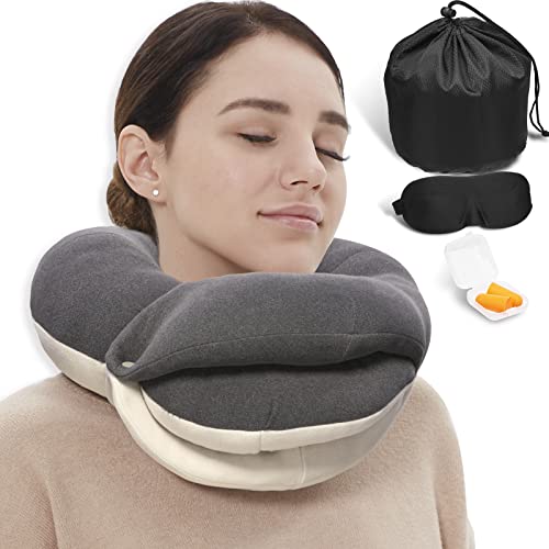  BUYUE Travel Neck Pillows For Airplanes, 360° Head Support Sleeping Essentials For Long Flight, Skin-Friendly & Breathable, Kit With 3D Contoured Eye Mask, Earplugs And Storage Bag (Adult, Grey)
