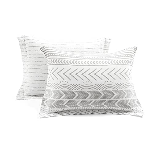  Hygge Geo Reversible 3 Piece Cotton Duvet Set, King, Gray & White
