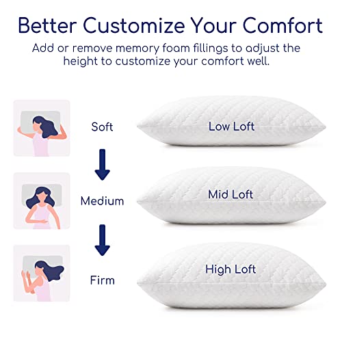  Memory Foam Pillows King For Sleeping Adjustable Fill Bed Pillows Cool Bamboo Surface Pillows With Washable Pillowcase, Extra Fill 2 Packs(0.9LB) Included
