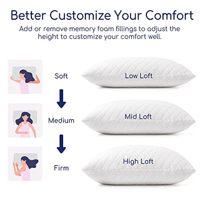  Memory Foam Pillows King For Sleeping Adjustable Fill Bed Pillows Cool Bamboo Surface Pillows With Washable Pillowcase, Extra Fill 2 Packs(0.9LB) Included