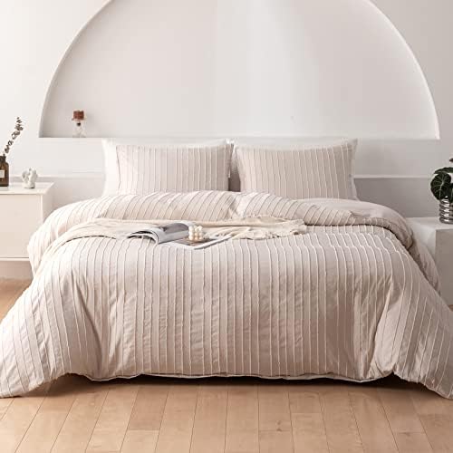  WARMDERN White Boho Duvet Cover Set Queen Size, Striped Textured Tufted Bedding Set, 3 Pcs Ultra Soft Washed Microfiber With Zipper Closure (Queen, White)