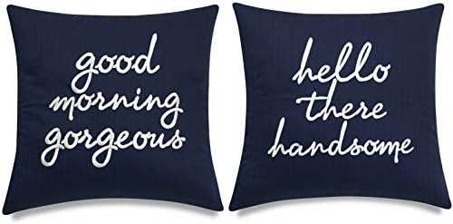  EURASIA DECOR Set Of 2 Pcs Hello Handsome Good Morning Gorgeous Embroidered Square Accent Throw Pillow Cover - Gift For Wedding, Couple, Anniversary, Bedroom Decor - 18x18 Inches, Ivory