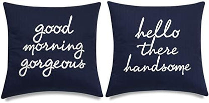  EURASIA DECOR Set Of 2 Pcs Hello Handsome Good Morning Gorgeous Embroidered Square Accent Throw Pillow Cover - Gift For Wedding, Couple, Anniversary, Bedroom Decor - 18x18 Inches, Ivory