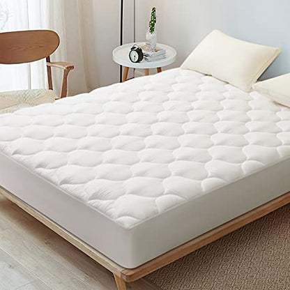 MASVIS King Mattress Pad Quilted Fitted Mattress Cover Cooling Soft Pillow Top Mattress Protector Breathable Fluffy Mattress Topper With 8-21" Deep Pocket, California King, White