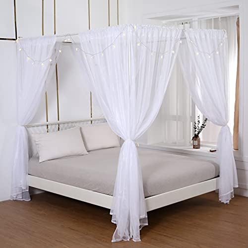  Princess Canopy Bed Curtains Bed Canopy Curtains With Lights For Queen Size Bed Drapes,8 Panels Canopies With 2 Lights,Room Décor (Full/Queen, White)