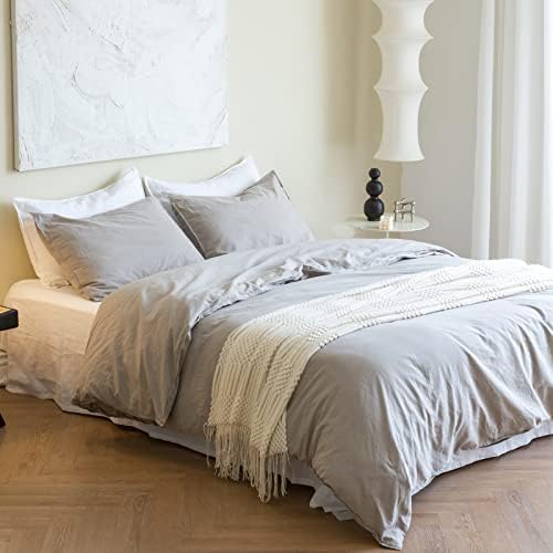  BISELINA French Linen Duvet Cover Set 3pcs With Hidden Zipper Closure Natural Flax Cotton Blend Solid Color Soft Breathable Luxury Farmhouse Bedding -King Size, White