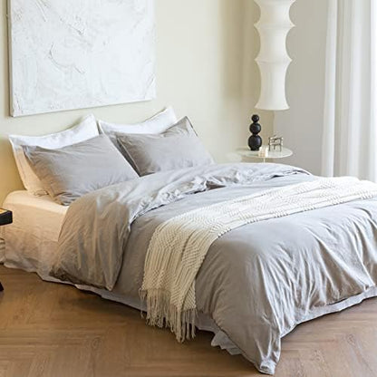  BISELINA French Linen Duvet Cover Set 3pcs With Hidden Zipper Closure Natural Flax Cotton Blend Solid Color Soft Breathable Luxury Farmhouse Bedding -King Size, White