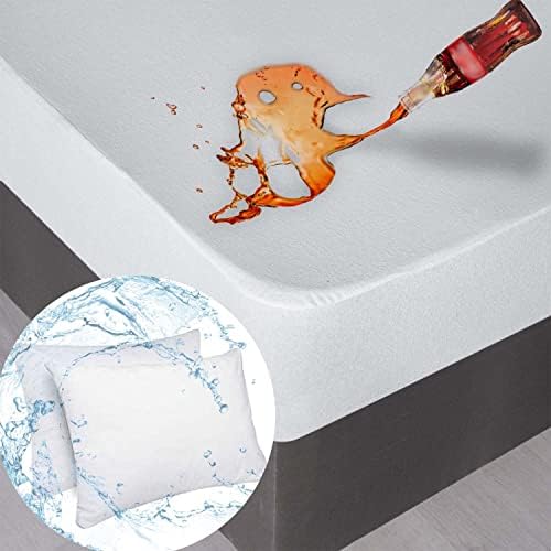  Waterproof Mattress Protector Queen Size With 2 Zippered Pillow Covers - Breathable, Hypoallergenic, Cotton Terry Mattress Cover For Safe, Noiseless, Non-Sweaty 8" To 14" Deep Mattress