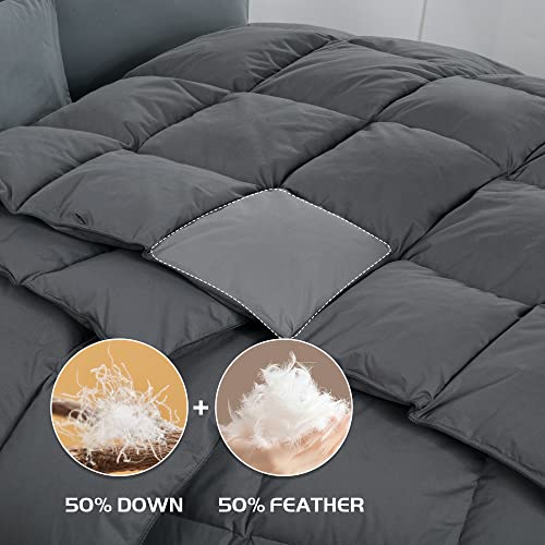  120x120 Oversized King Down And Feather Comforter, 50% Down 500+ Fill Power Grey Duvet Insert With 100% Cotton Cover, Fluffy Extra Large Comforter With Corner Tabs