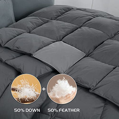  120x120 Oversized King Down And Feather Comforter, 50% Down 500+ Fill Power Grey Duvet Insert With 100% Cotton Cover, Fluffy Extra Large Comforter With Corner Tabs