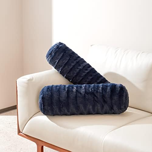  Cheer Collection Set Of 2 Faux Fur Bolster Pillows, Decorative Roll Pillow For Couch With Removable Washable Cover, Cylinder Neck Pillows For Bed, Chair Or Sofa, 8” X 24” Inch, White