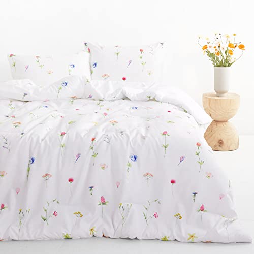  - Floral Comforter Set, Cottagecore Tiny Flowers Leaves Botanical Plant Pattern Printed On White, Soft Microfiber Bedding (3pcs, Queen Size)