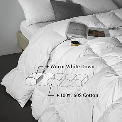  75% White Down Comforter King Size For All Season With 100% Cotton Cover, 600 Fill Power 56OZ Fluffy Duvet Insert With Corner Tabs, Baffle Box Pinch Pleat Design