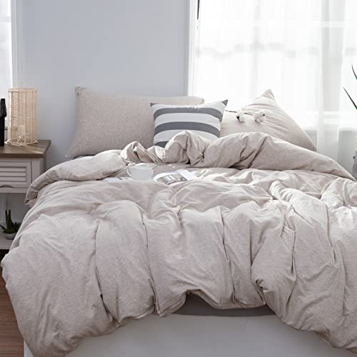  LIFETOWN 100% Jersey Knit Cotton Duvet Cover Set T-Shirt Feel Bedding Set Ultra Soft Wrinkle-Free (Beige, Queen)