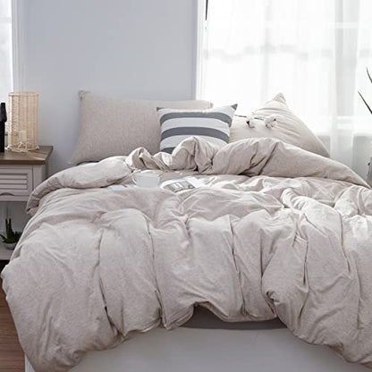  LIFETOWN 100% Jersey Knit Cotton Duvet Cover Set T-Shirt Feel Bedding Set Ultra Soft Wrinkle-Free (Beige, Queen)
