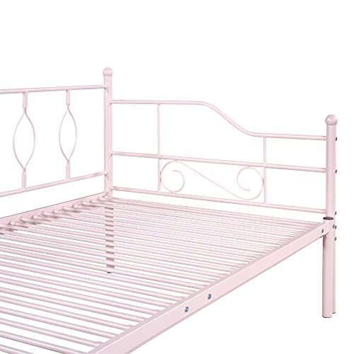  Twin Size Metal Daybed With Trundle, Daybed With Slat No Box Required, Noise Free, For Bedroom Living Room - Pink