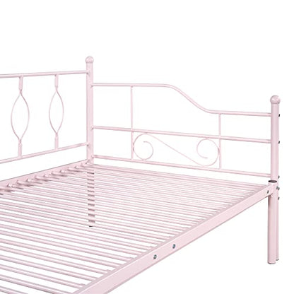  Twin Size Metal Daybed With Trundle, Daybed With Slat No Box Required, Noise Free, For Bedroom Living Room - Pink