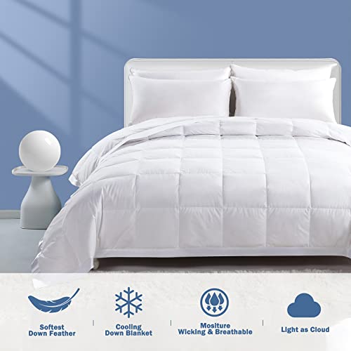  Down Blanket King Size | Extra Lightweight Summer Cooling Bed Comforter | 90% Real Goose Down Quilt, Noiseless & Extra Soft Thin Duvet With Satin Trim, 425 Thread Count, White