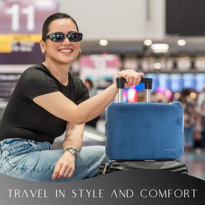  Travellow Travel Pillow And Blanket Set - 4-in-1 Ultimate Travel Kit With Memory Foam Pillow, Travel Blanket, Sleep Mask, And Earplugs-Ultimate Comfort And Coziness For Your Journeys - Blue