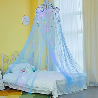  FIOBEE Bed Canopy For Girls Room Bed Canopy Curtains With Led Lights Mosquito Net DIY Princess Room Décor With Stars Butterflies For Kids Bedroom, Purple