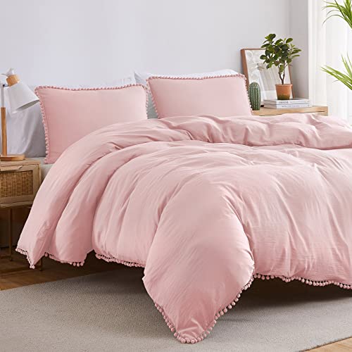  Pink Duvet Cover Queen Size, 3 Pieces Soft Washed Microfiber Duvet Cover Set With Boho Pom Pom Fringe, Pink, 90x90 Inches