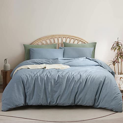  100% Washed Cotton Duvet Cover Set 3 Pieces-Bedding Set Ultra Soft Breathable Washed Cotton Linen Duvet Covers Set For All Seasons (King, Blue)