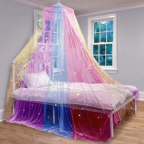  D Canopy For Girls With Glowing Stars - Princess Pink Baby Canopy For Bed, Netting Room Decor, Ceiling Tent, Canopy For Crib | Single, Twin, Full, Queen Size Kids Bed Curtains, Fire Retardant Fabric