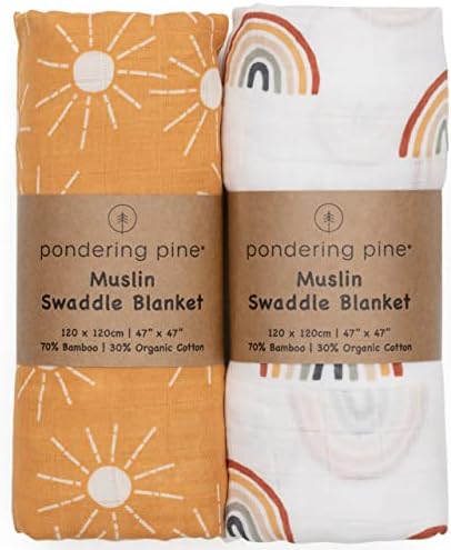  Organic Baby Muslin Swaddle Blankets For Boy Or Girl - Eucalyptus Leaves And Sage Swaddle Blanket 2 Pack - Soft Organic Cotton And Natural Bamboo Muslin, XLarge And Breathable, Boho Baby, 47" X 47"